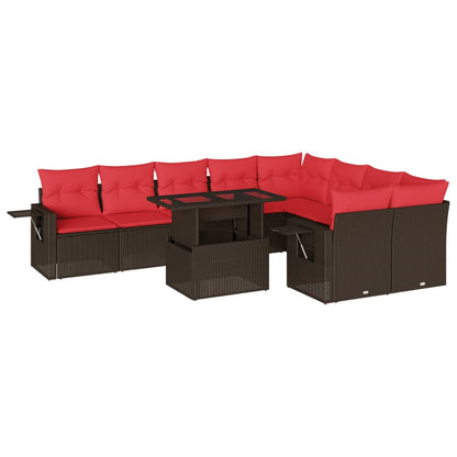 Set Divani da Giardino 10 pz con Cuscini Marrone in Polyrattan