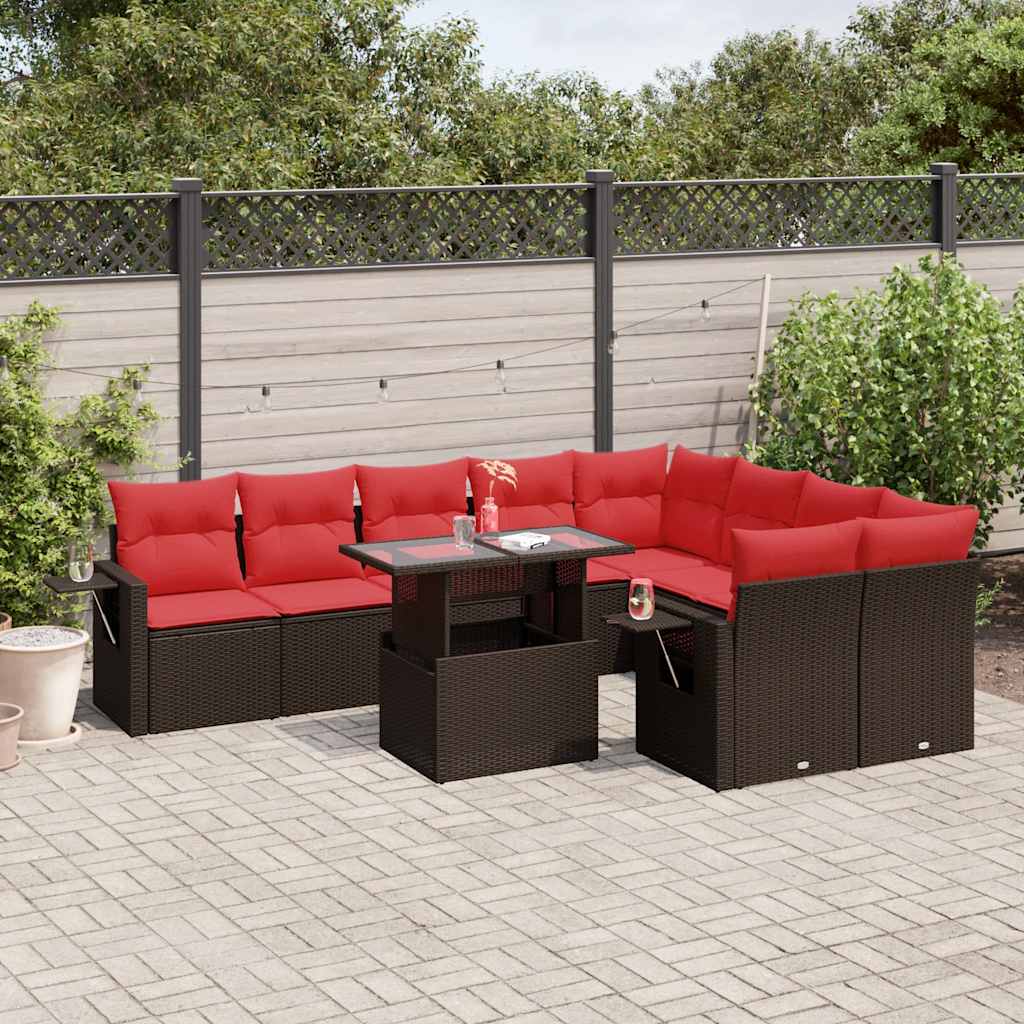 Set Divani da Giardino 10 pz con Cuscini Marrone in Polyrattan