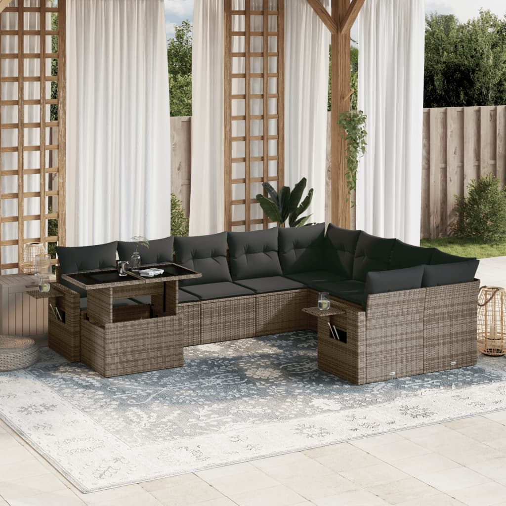 Set Divano da Giardino 10 pz con Cuscini Grigio in Polyrattan - homemem39
