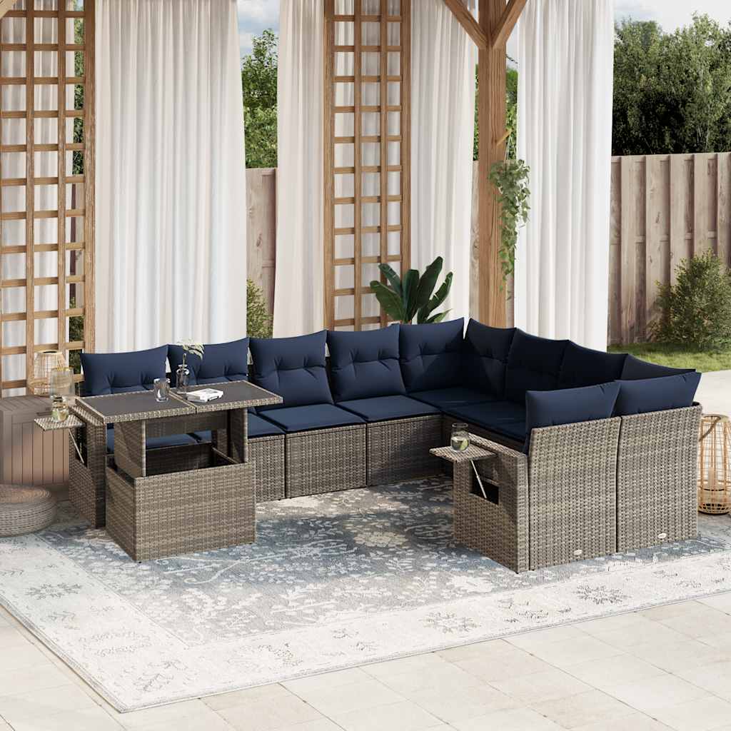 Set Divani da Giardino 10 pz con Cuscini Grigio in Polyrattan | homemem39