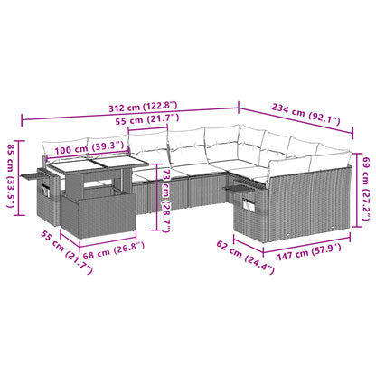 Set Divani da Giardino 10pz con Cuscini in Polyrattan Marrone