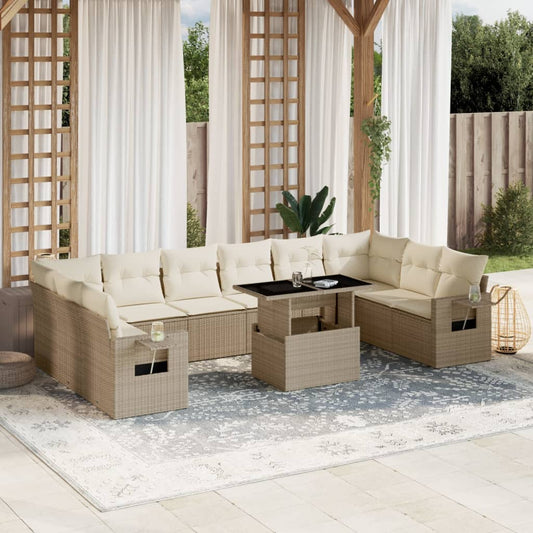 Set Divani da Giardino 11 pz con Cuscini Beige in Polyrattan