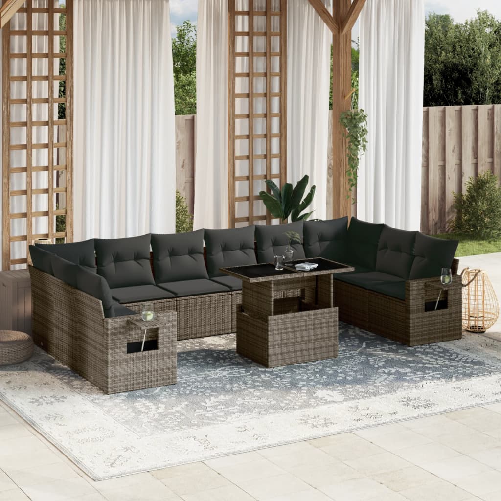 Set Divani da Giardino 11 pz con Cuscini in Polyrattan Grigio - homemem39