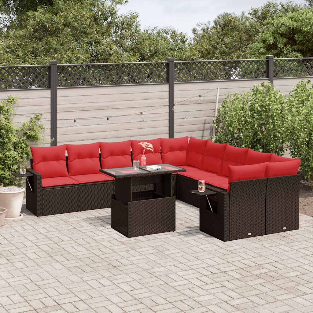 Set Divani da Giardino 11 pz con Cuscini Marrone in Polyrattan