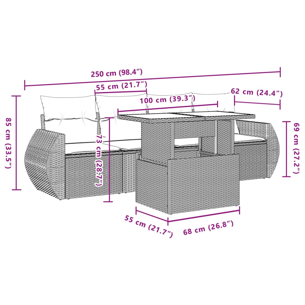 Set Divani da Giardino 5 pz con Cuscini in Polyrattan Nero