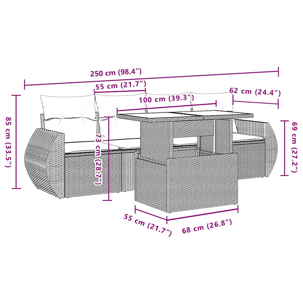 Set Divano da Giardino 5 pz con Cuscini Grigio in Polyrattan
