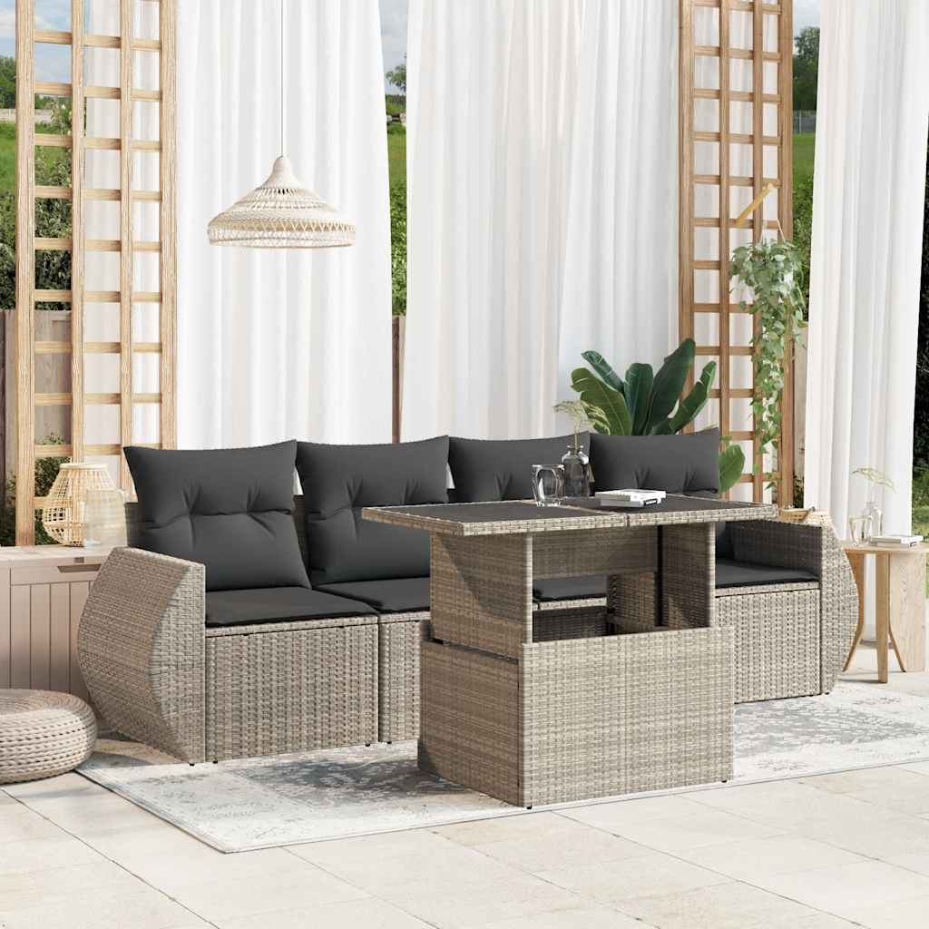 Set Divano da Giardino 5pz con Cuscini Grigio Chiaro Polyrattan - homemem39