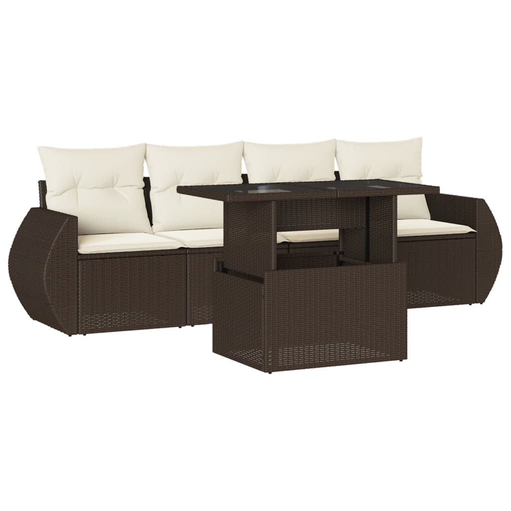 Set Divano da Giardino 5 pz con Cuscini Marrone in Polyrattan