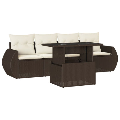 Set Divano da Giardino 5 pz con Cuscini Marrone in Polyrattan