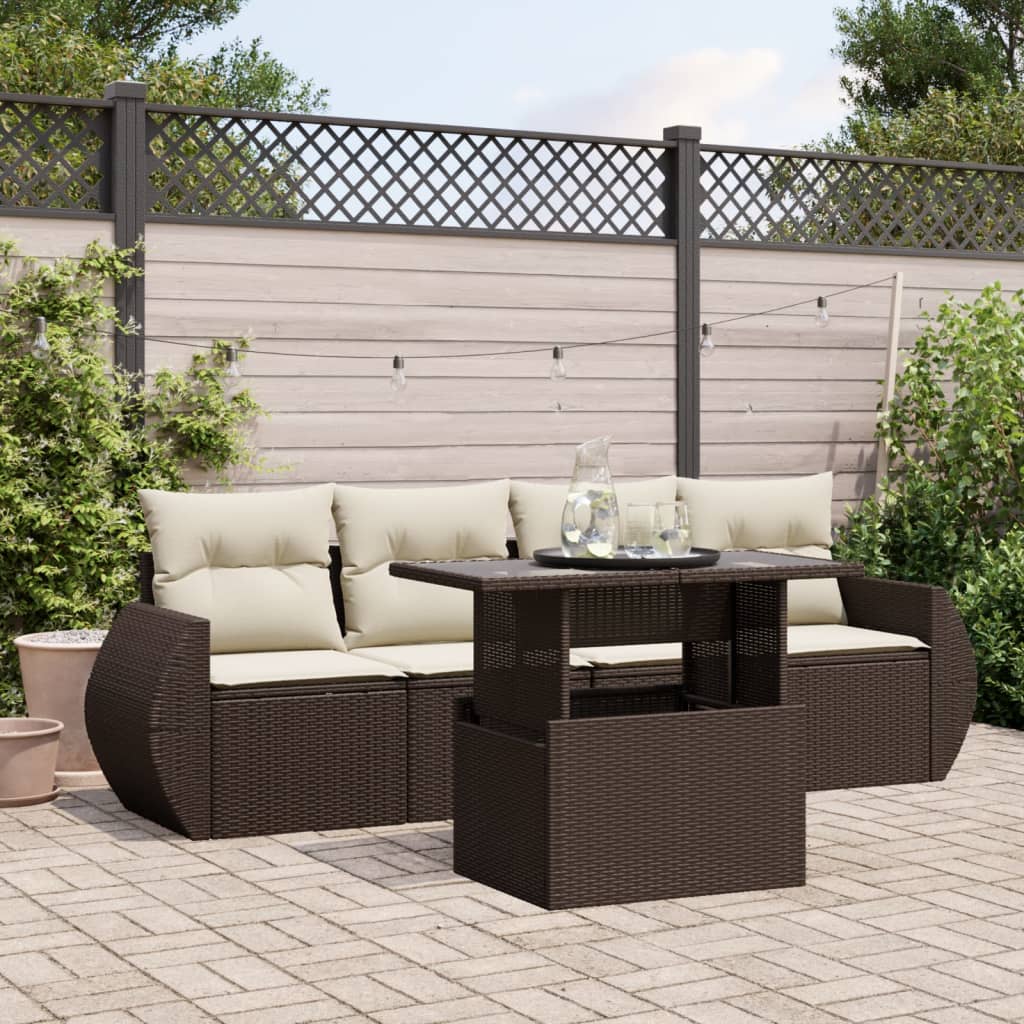 Set Divano da Giardino 5 pz con Cuscini Marrone in Polyrattan