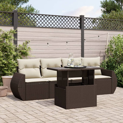 Set Divano da Giardino 5 pz con Cuscini Marrone in Polyrattan
