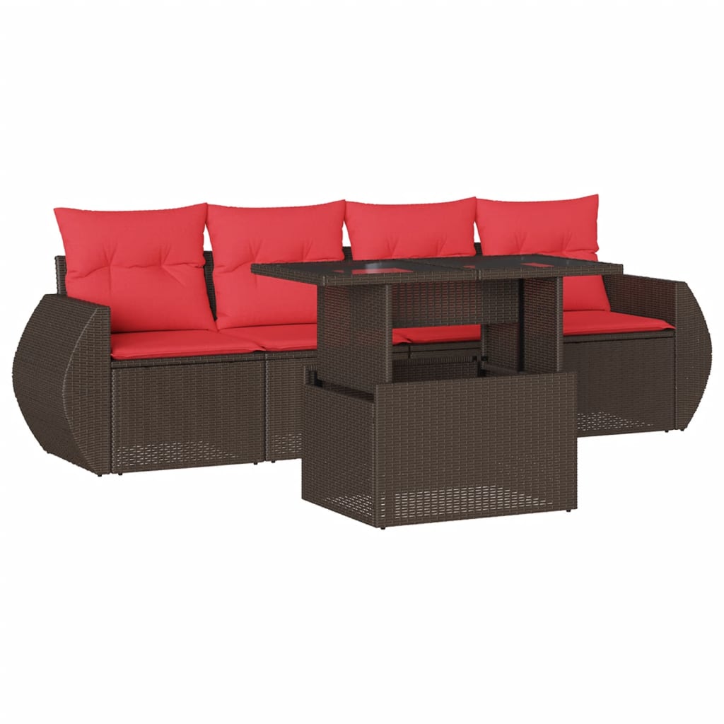 Set Divani da Giardino 5 pz con Cuscini Marrone in Polyrattan