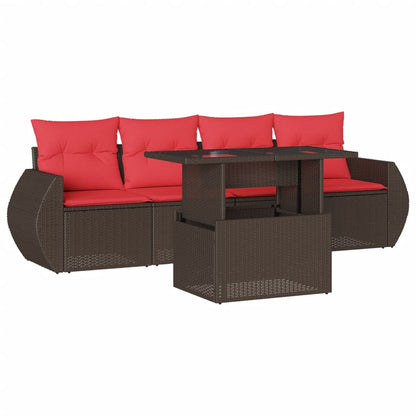 Set Divani da Giardino 5 pz con Cuscini Marrone in Polyrattan