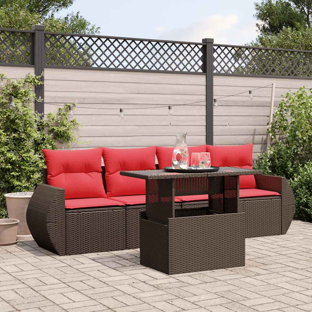 Set Divani da Giardino 5 pz con Cuscini Marrone in Polyrattan
