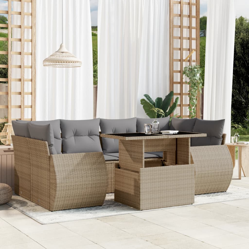 Set Divani da Giardino 7 pz con Cuscini Beige in Polyrattan