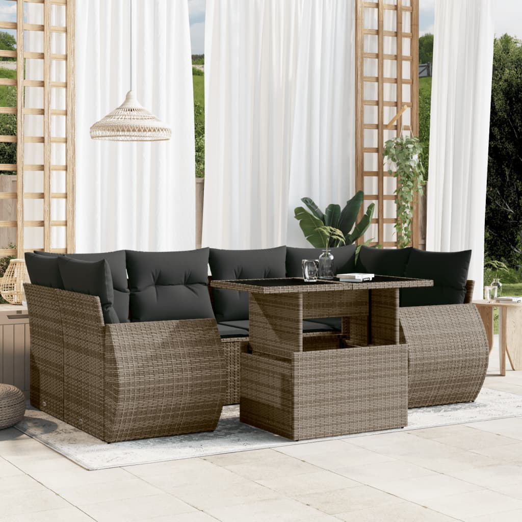 Set Divani da Giardino 7 pz con Cuscini Grigio in Polyrattan | homemem39