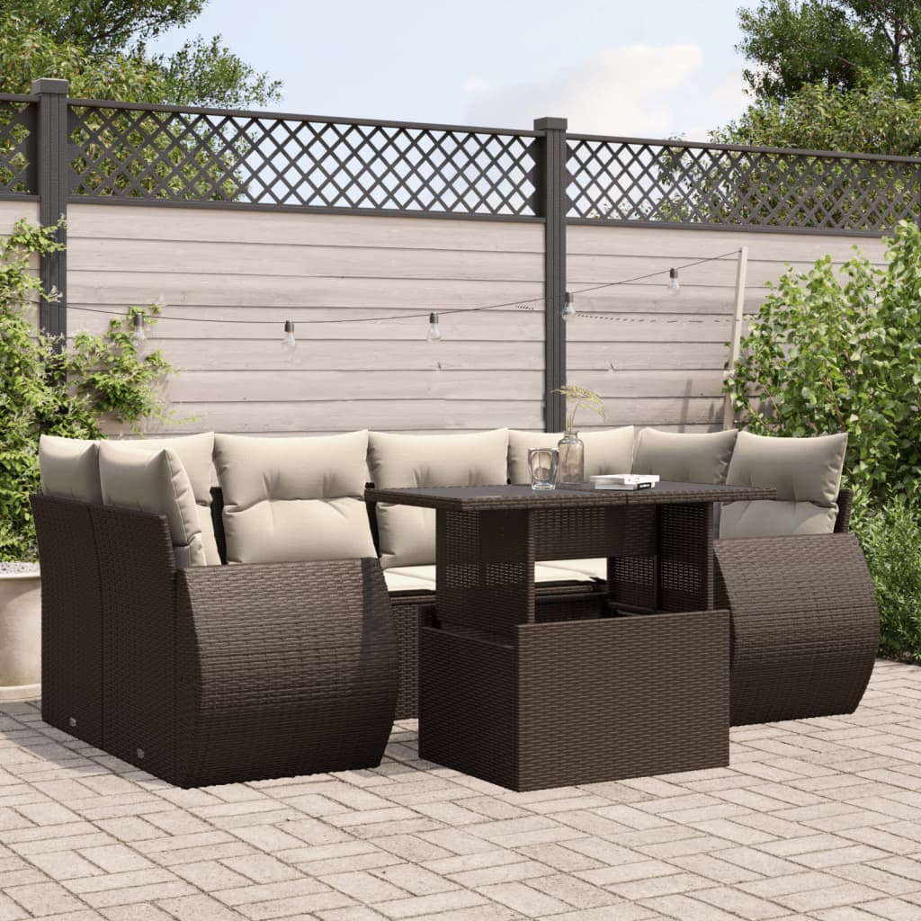 Set Divani da Giardino 7 pz con Cuscini Marrone in Polyrattan - homemem39