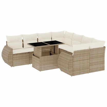 Set Divano da Giardino 9 pz con Cuscini Beige in Polyrattan