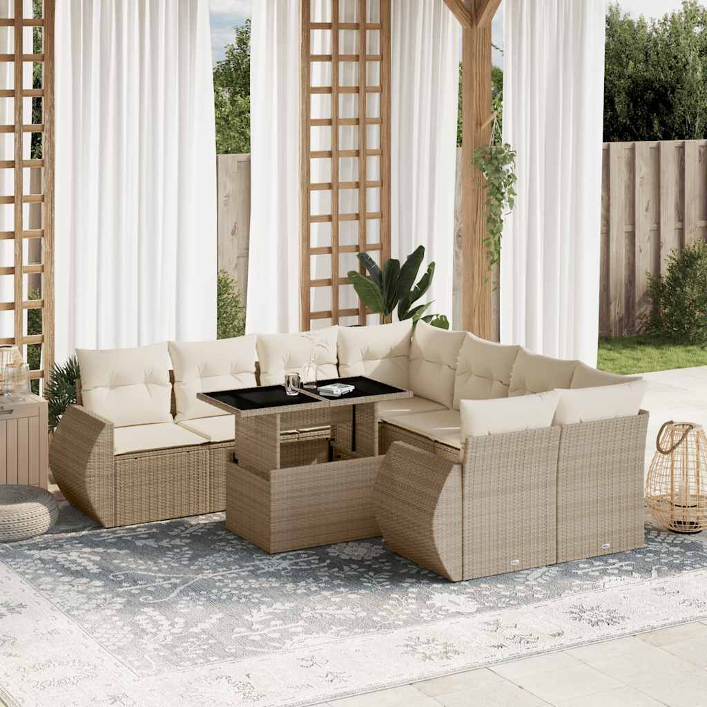 Set Divano da Giardino 9 pz con Cuscini Beige in Polyrattan | homemem39