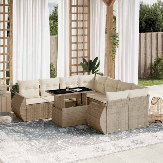 Set Divano da Giardino 9 pz con Cuscini Beige in Polyrattan - homemem39
