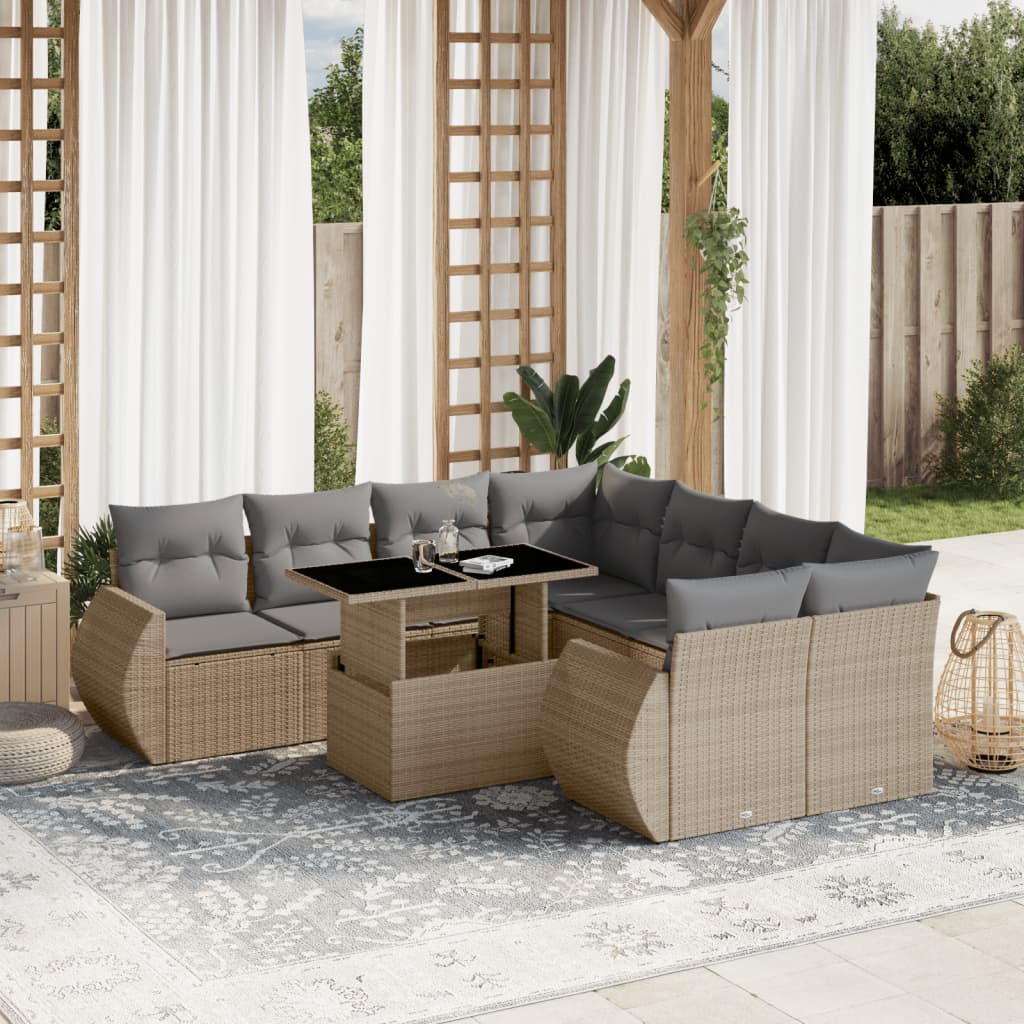 Set Divano da Giardino 9 pz con Cuscini Beige in Polyrattan - homemem39