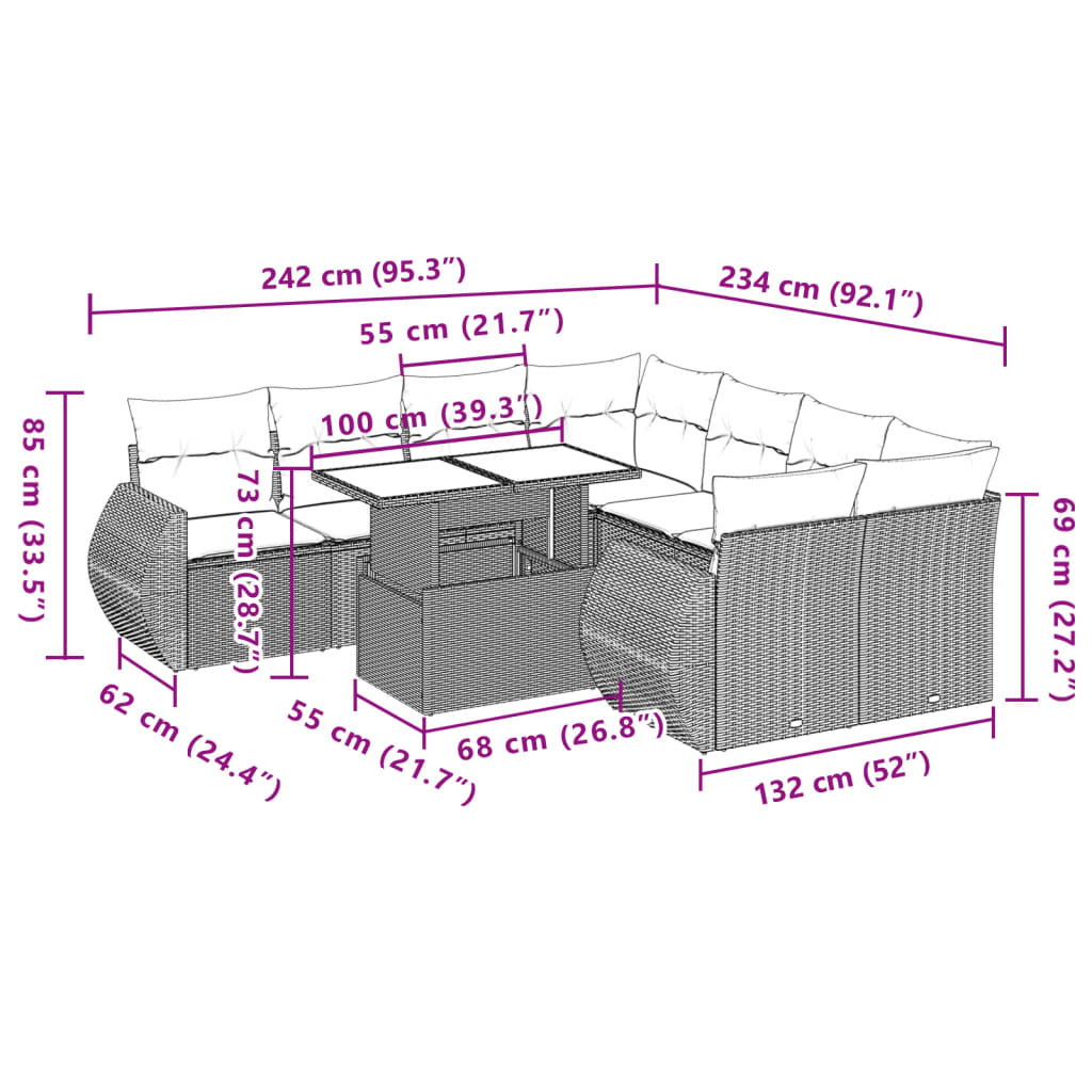 Set Divano da Giardino 9 pz con Cuscini Grigio in Polyrattan | homemem39