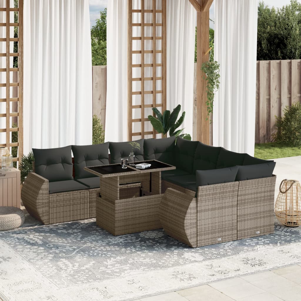 Set Divano da Giardino 9 pz con Cuscini Grigio in Polyrattan | homemem39