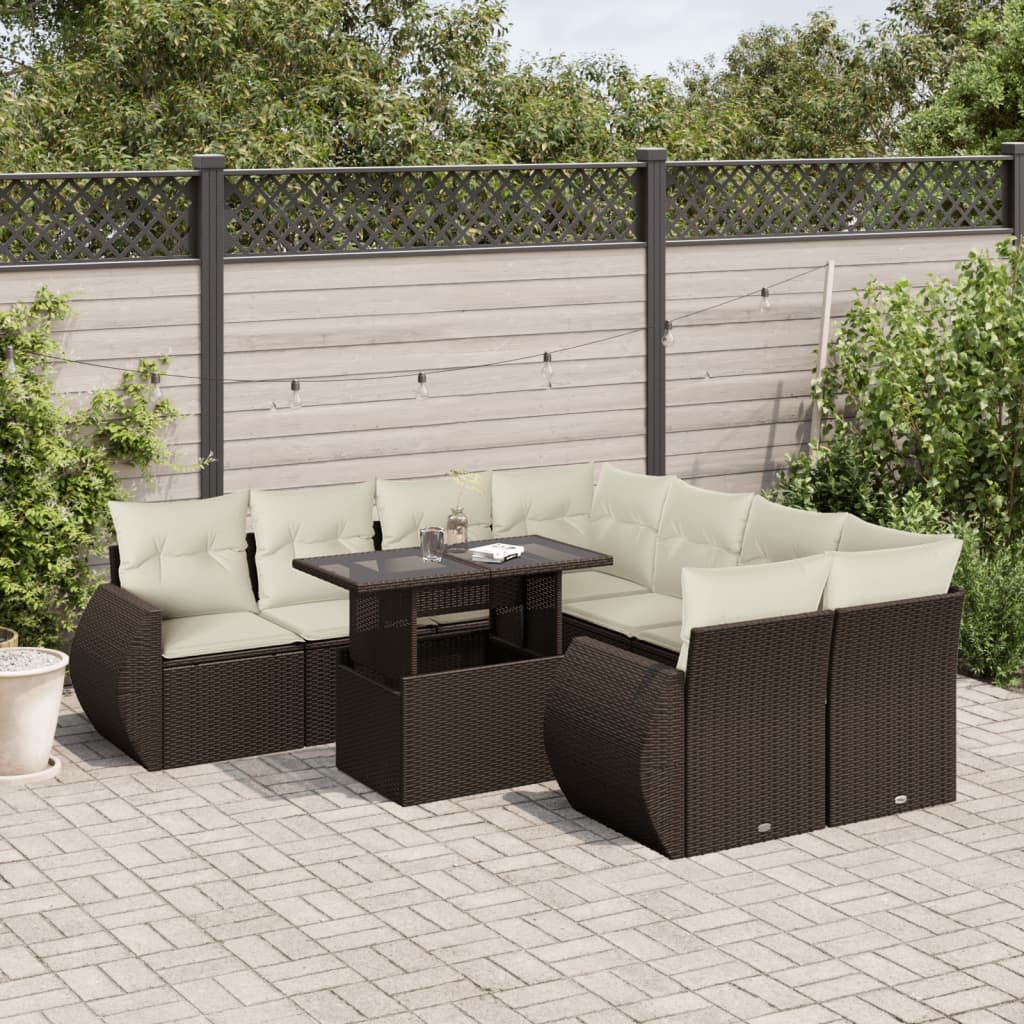 Set Divani da Giardino 9pz con Cuscini Marrone in Polyrattan - homemem39