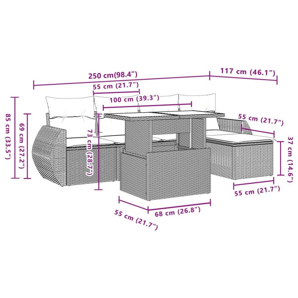 Set Divano da Giardino 6 pz con Cuscini Grigio in Polyrattan | homemem39