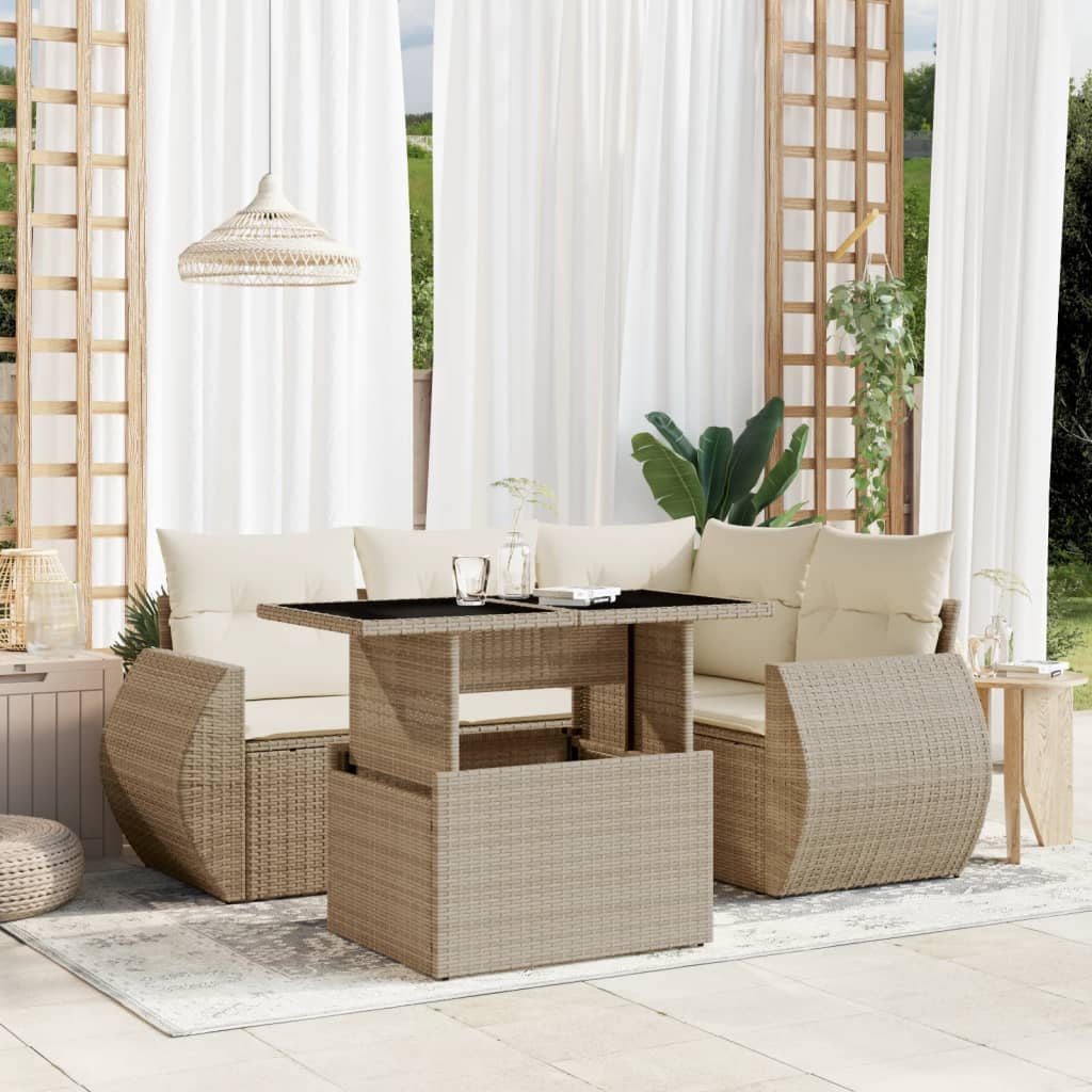 Set Divano da Giardino 5 pz con Cuscini Beige in Polyrattan - homemem39