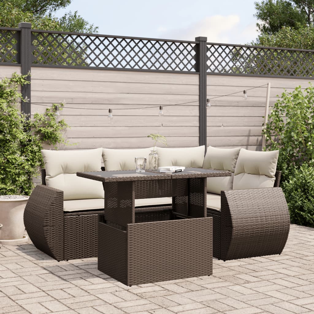 Set Divano da Giardino 5 pz con Cuscini Marrone in Polyrattan - homemem39