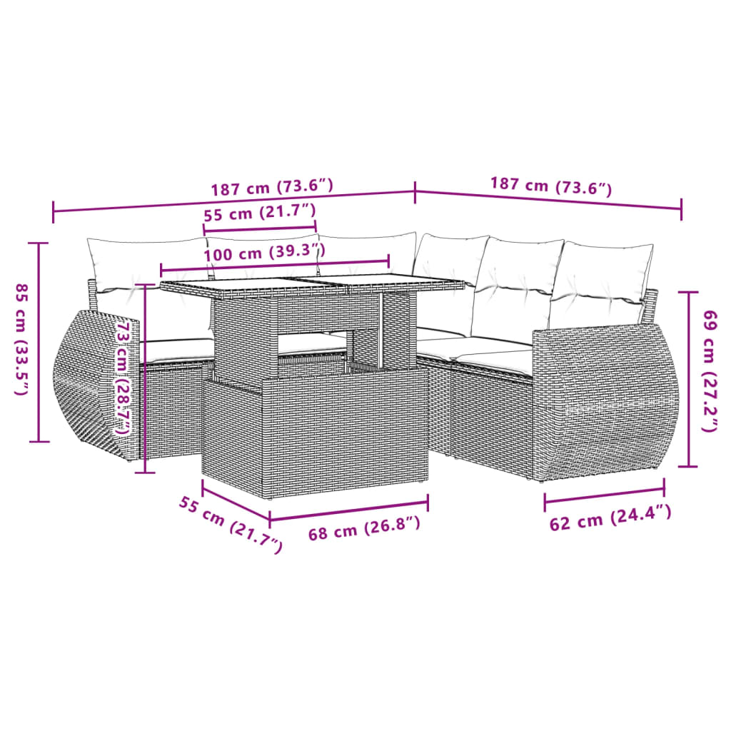 Set Divano da Giardino 6 pz con Cuscini Grigio in Polyrattan | homemem39
