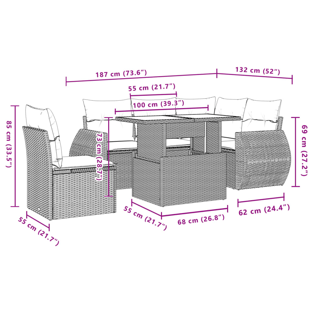 Set Divano da Giardino 6 pz con Cuscini Nero in Polyrattan - homemem39