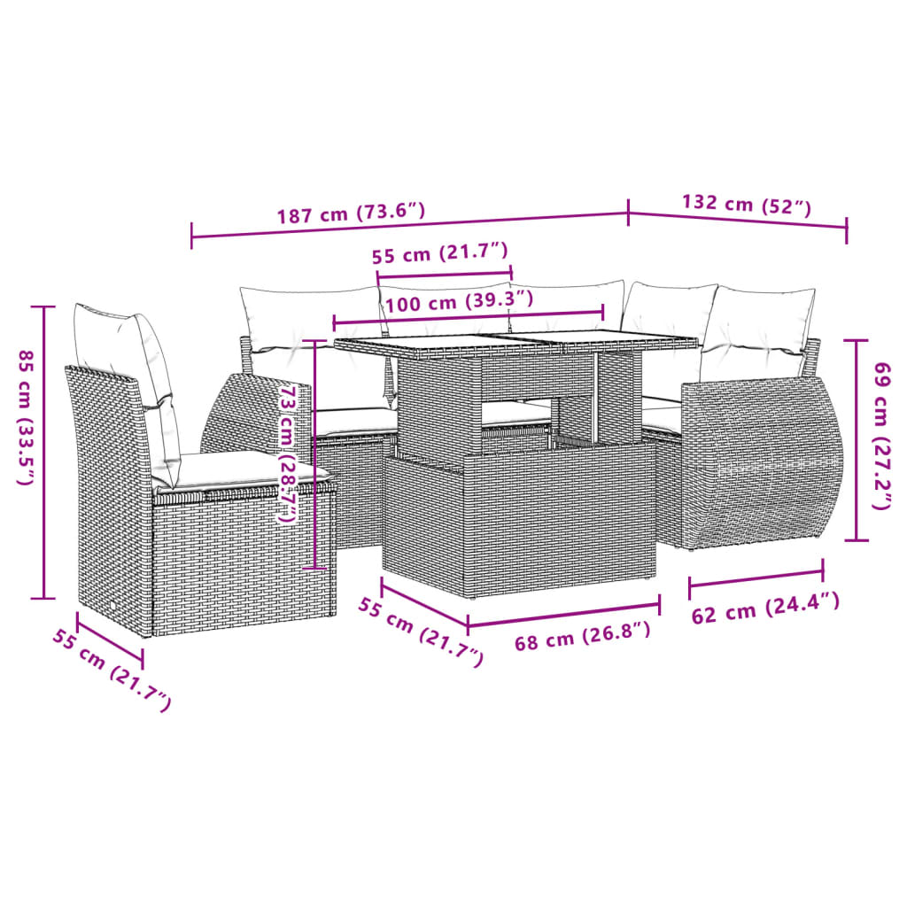 Set Divano da Giardino 6 pz con Cuscini Grigio in Polyrattan