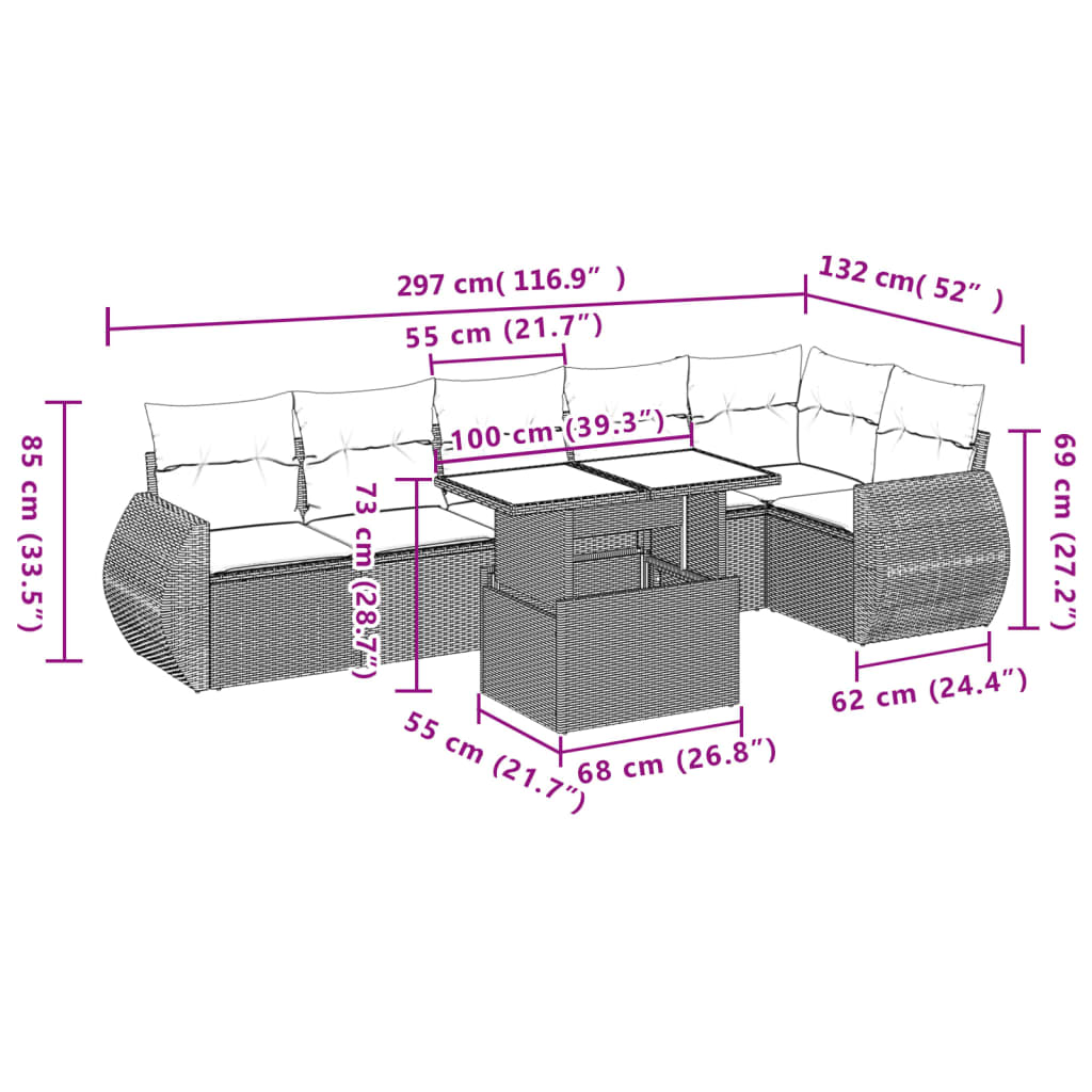 Set Divani da Giardino 7 pz con Cuscini Beige in Polyrattan | homemem39