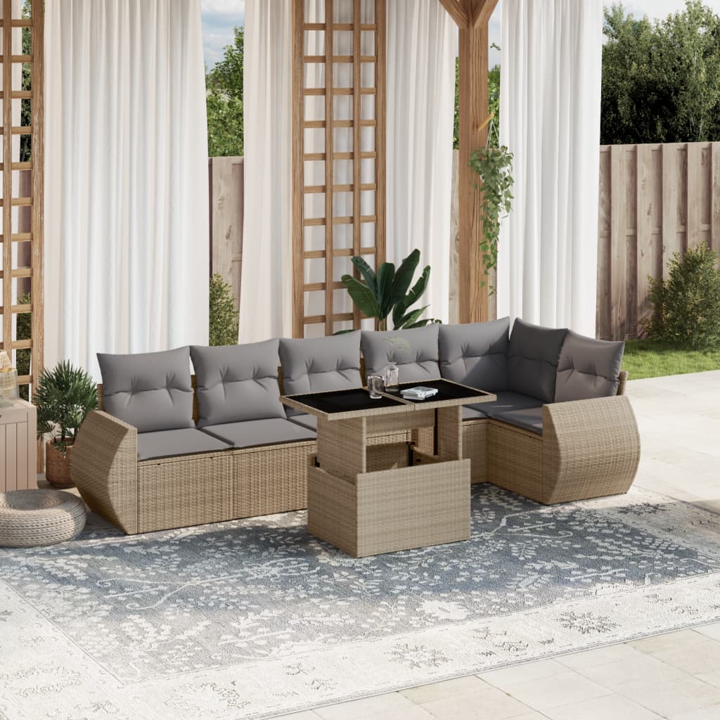 Set Divani da Giardino 7 pz con Cuscini Beige in Polyrattan