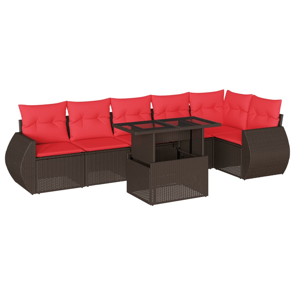 Set Divani da Giardino 7 pz con Cuscini Marrone in Polyrattan