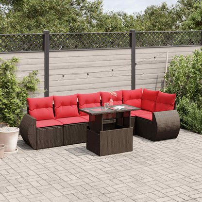 Set Divani da Giardino 7 pz con Cuscini Marrone in Polyrattan