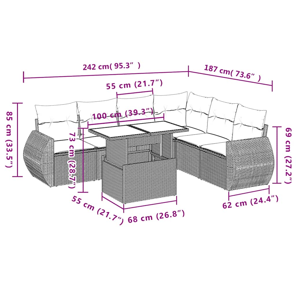 Set Divani da Giardino 7 pz con Cuscini Grigio in Polyrattan | homemem39