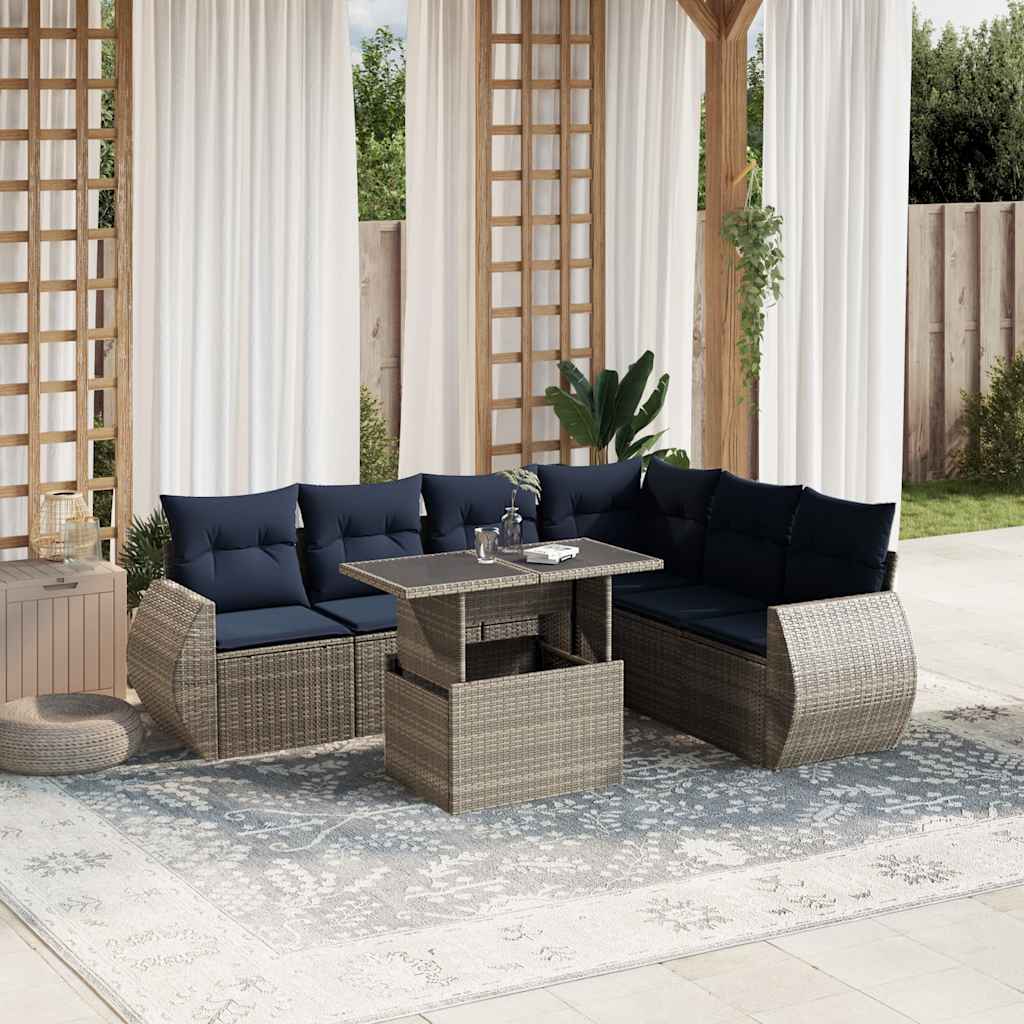 Set Divani da Giardino 7 pz con Cuscini Grigio in Polyrattan | homemem39