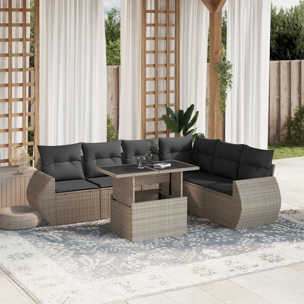 Set Divani da Giardino 7pz con Cuscini Grigio Chiaro Polyrattan