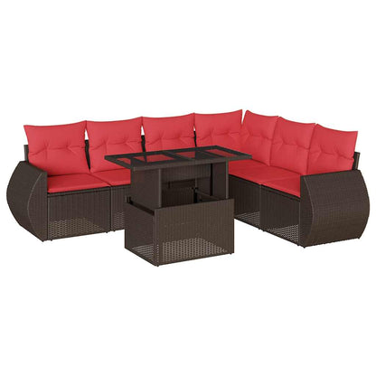 Set Divani da Giardino 7 pz con Cuscini Marrone in Polyrattan