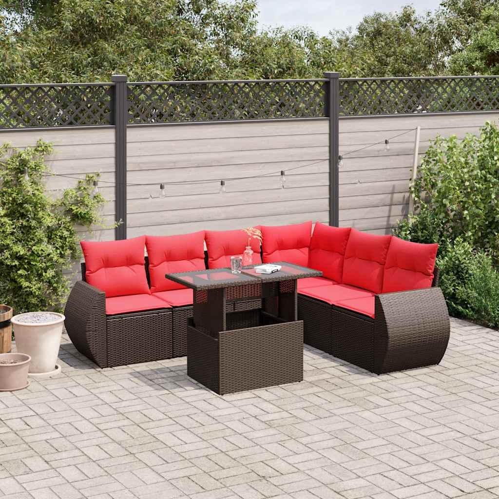 Set Divani da Giardino 7 pz con Cuscini Marrone in Polyrattan