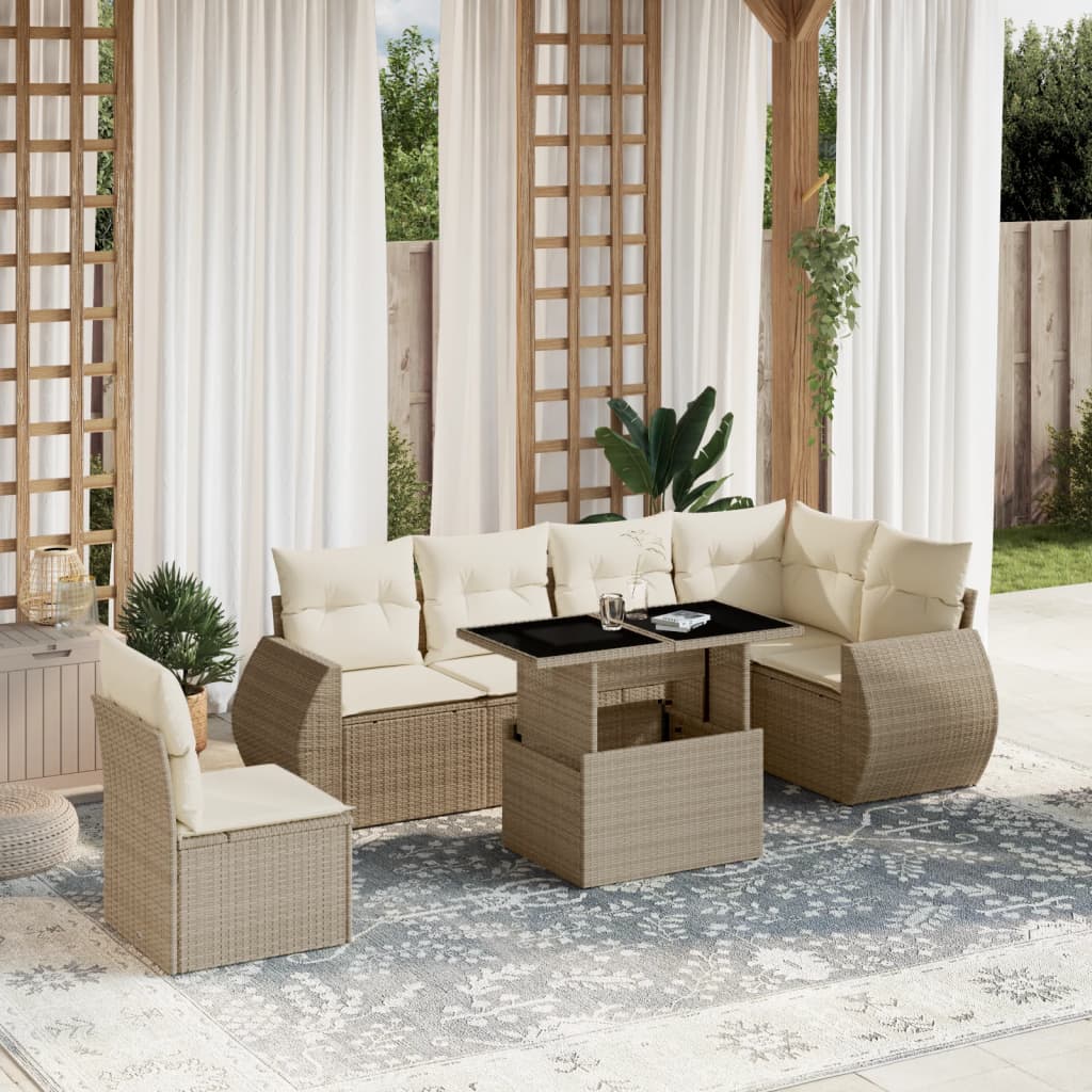 Set Divani da Giardino 7 pz con Cuscini Beige in Polyrattan - homemem39