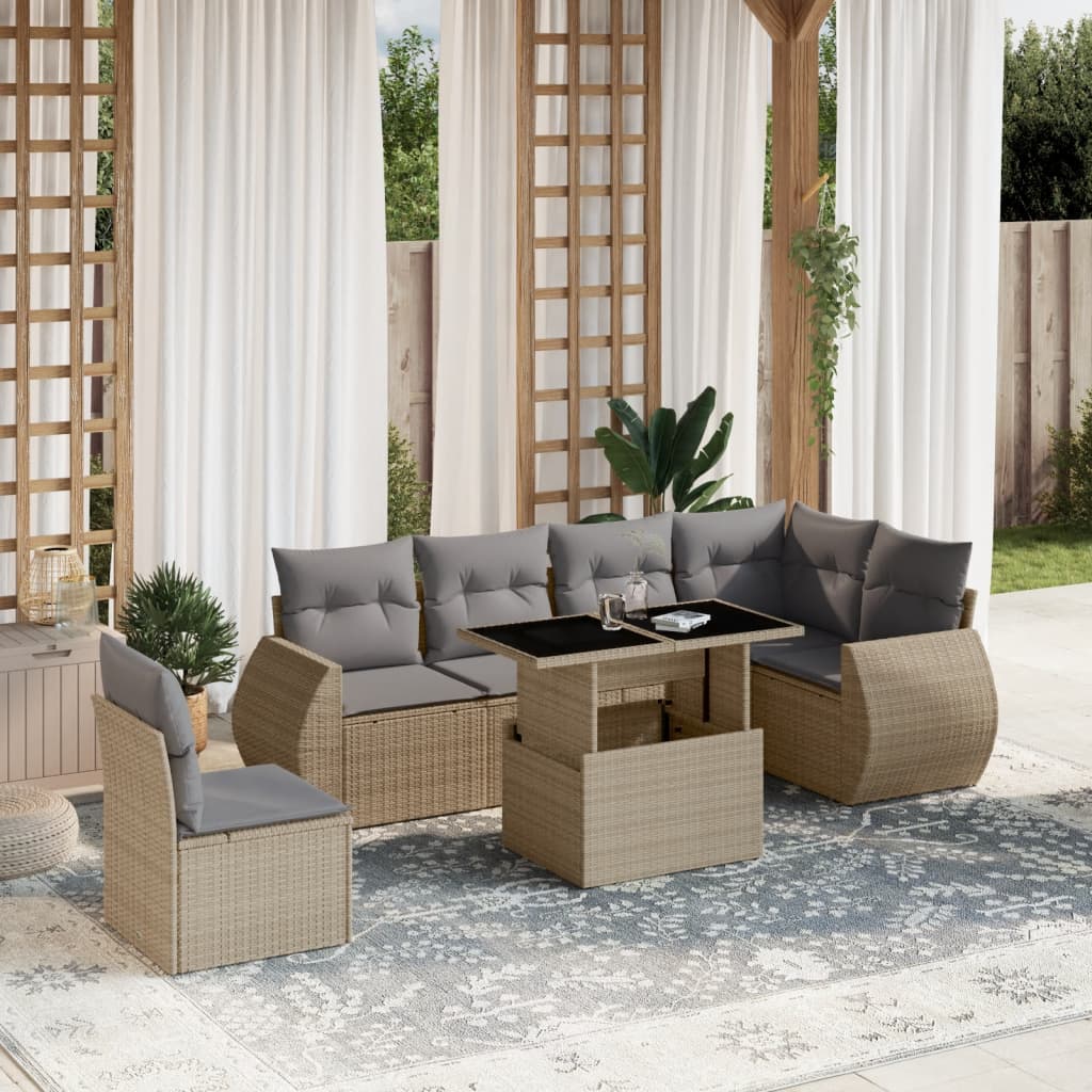 Set Divani da Giardino 7 pz con Cuscini Beige in Polyrattan - homemem39