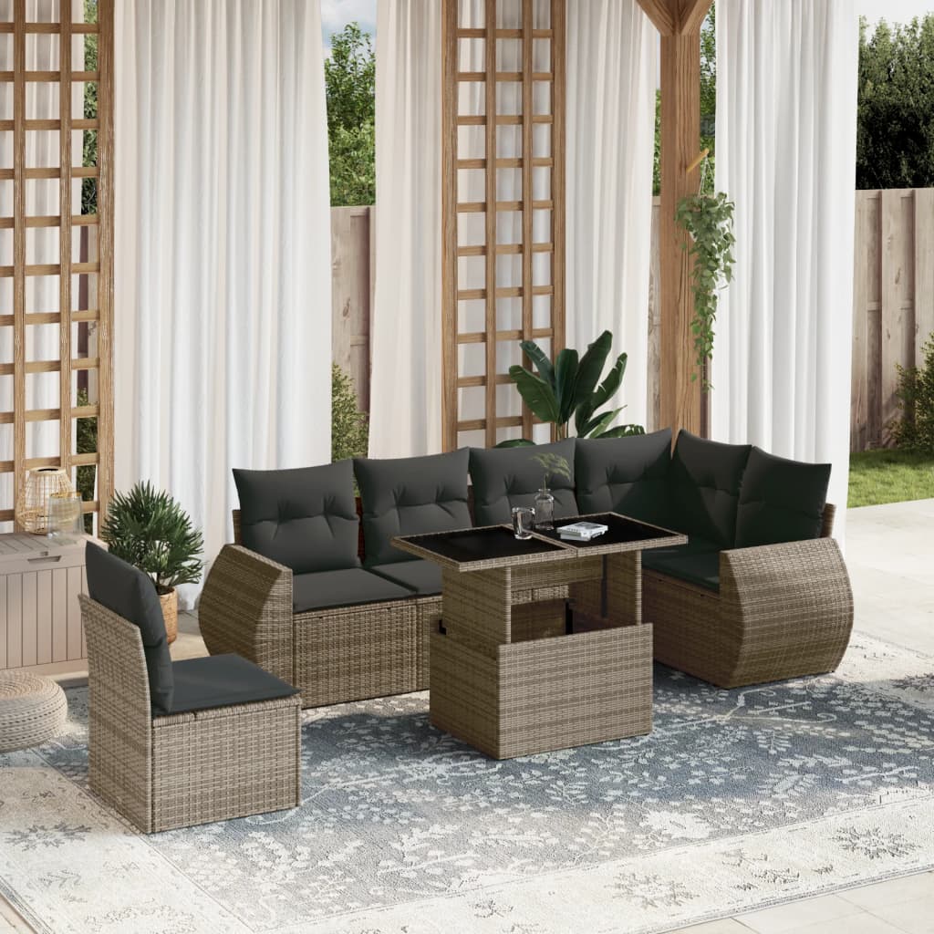Set Divani da Giardino 7 pz con Cuscini Grigio in Polyrattan | homemem39