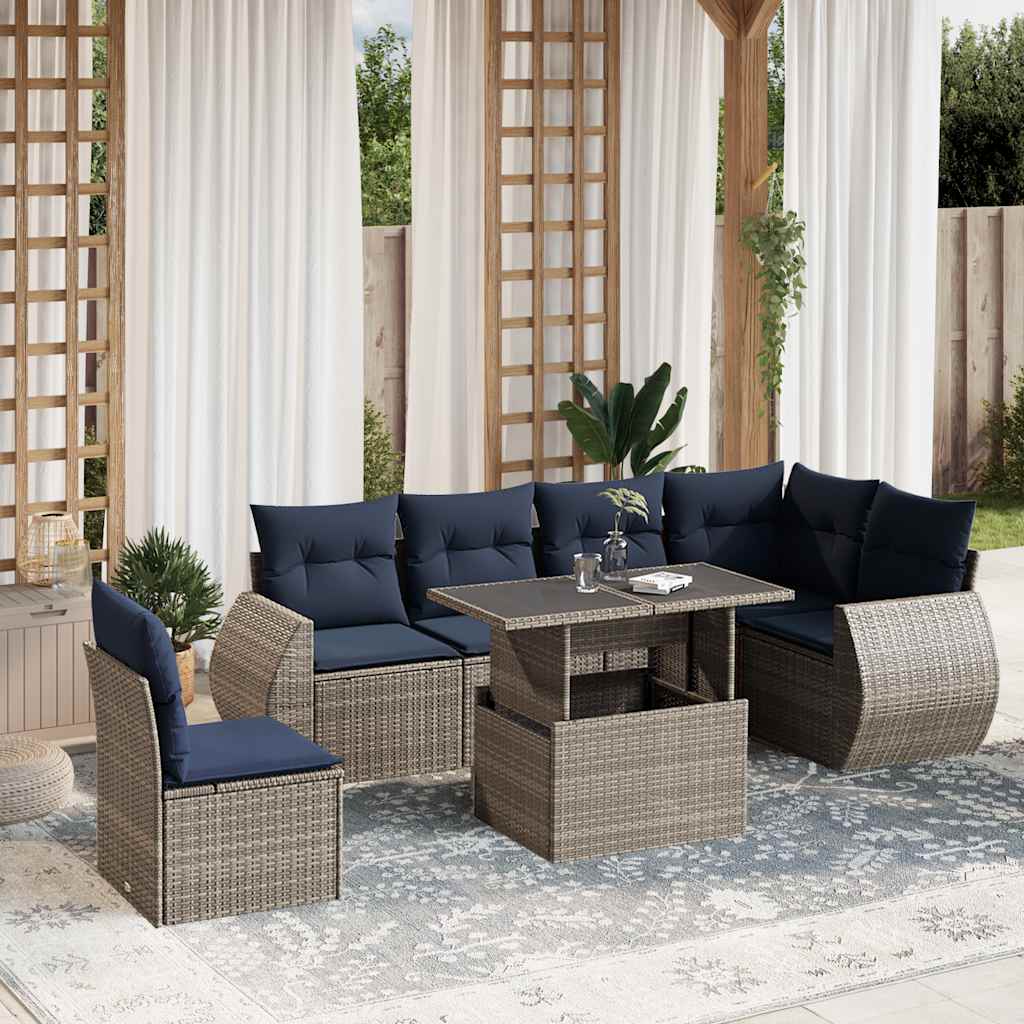Set Divani da Giardino 7 pz con Cuscini Grigio in Polyrattan | homemem39