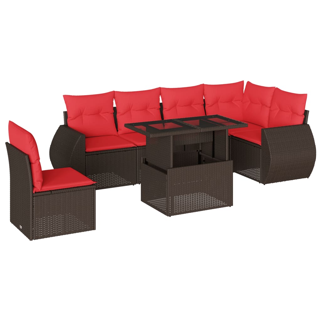 Set Divani da Giardino 7 pz con Cuscini Marrone in Polyrattan