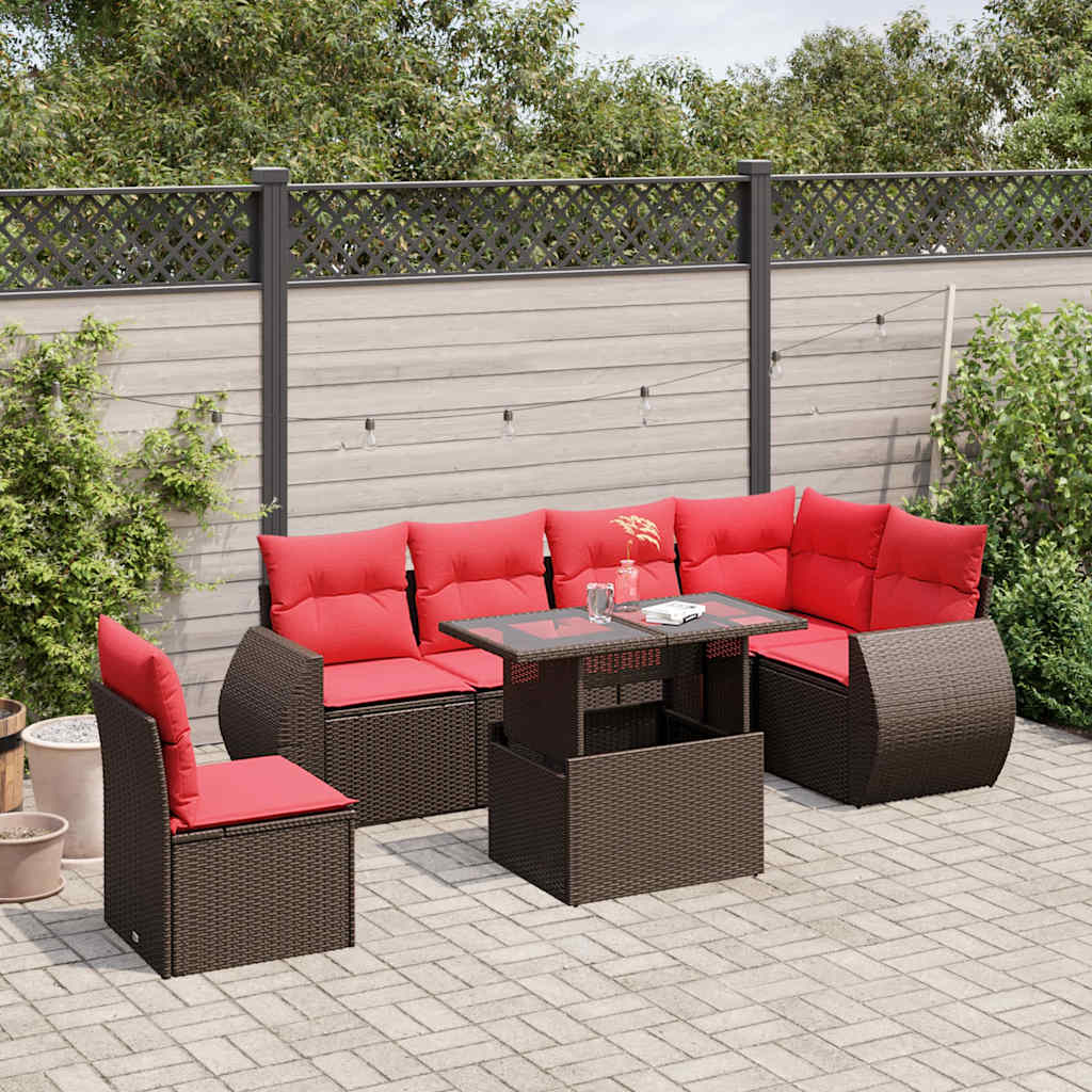 Set Divani da Giardino 7 pz con Cuscini Marrone in Polyrattan