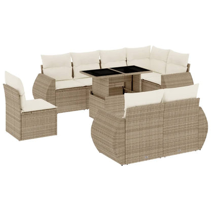 Set Divano da Giardino 9 pz con Cuscini Beige in Polyrattan